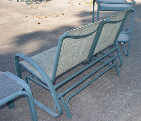 Teal Aluminum Glider, Rocking Chair, Ottoman, Side Table and Bar Cart