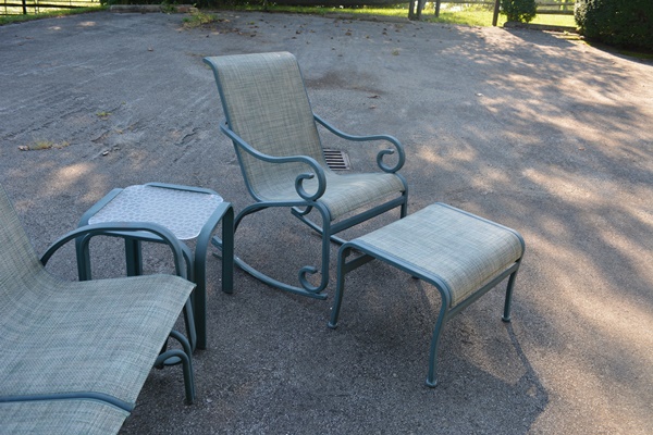 Teal Aluminum Glider, Rocking Chair, Ottoman, Side Table and Bar Cart