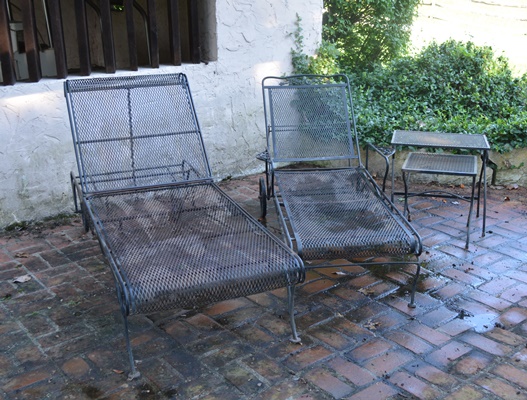 Two Black Metal Patio Chaise Lounge Chairs and Nesting Tables