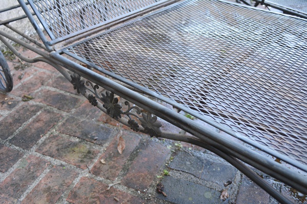 Two Black Metal Patio Chaise Lounge Chairs and Nesting Tables