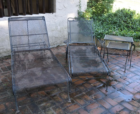 Two Black Metal Patio Chaise Lounge Chairs and Nesting Tables