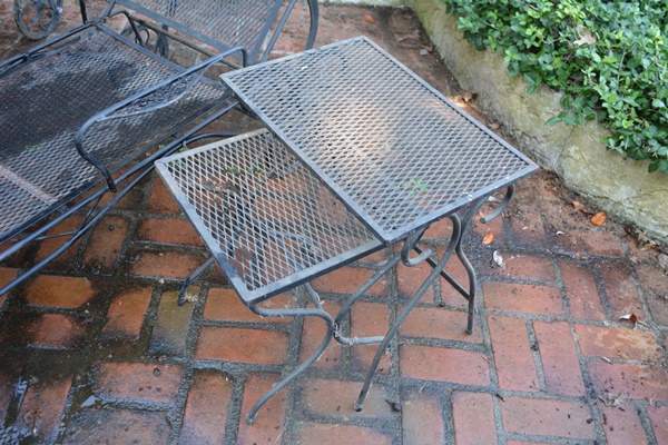 Two Black Metal Patio Chaise Lounge Chairs and Nesting Tables