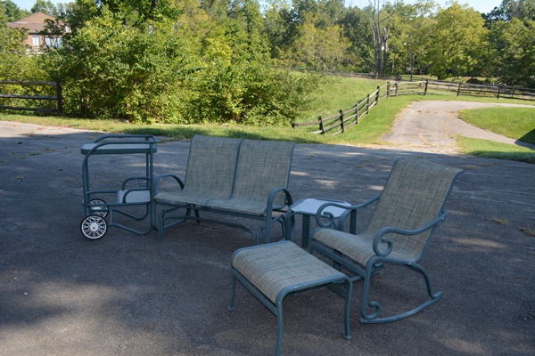 Teal Aluminum Glider, Rocking Chair, Ottoman, Side Table and Bar Cart