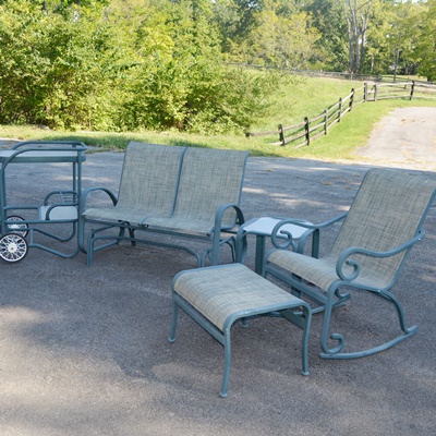 Teal Aluminum Glider, Rocking Chair, Ottoman, Side Table and Bar Cart