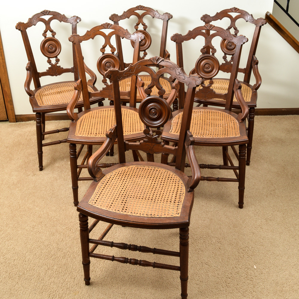 Six Antique Eastlake Walnut and Cane Dining Chairs