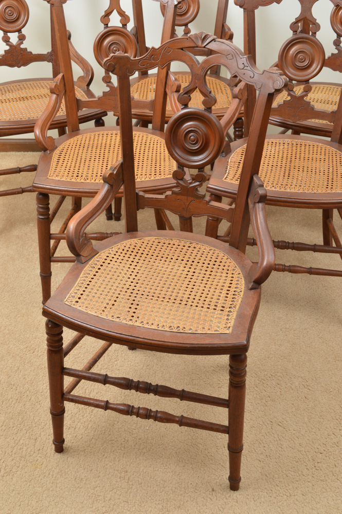 Six Antique Eastlake Walnut and Cane Dining Chairs