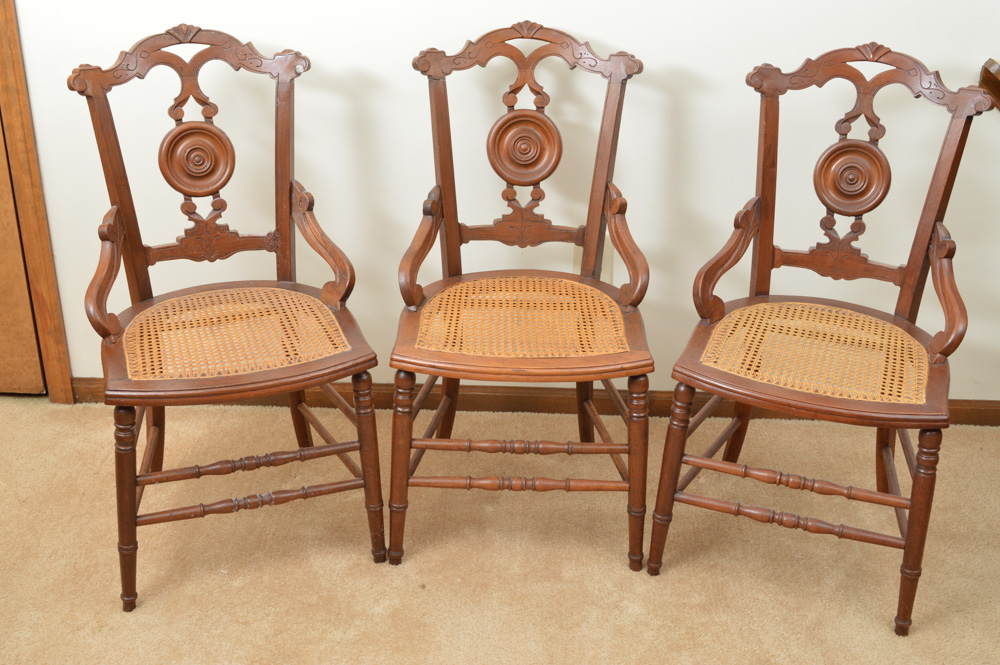 Six Antique Eastlake Walnut and Cane Dining Chairs