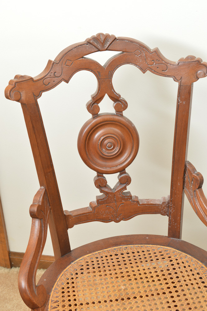 Six Antique Eastlake Walnut and Cane Dining Chairs