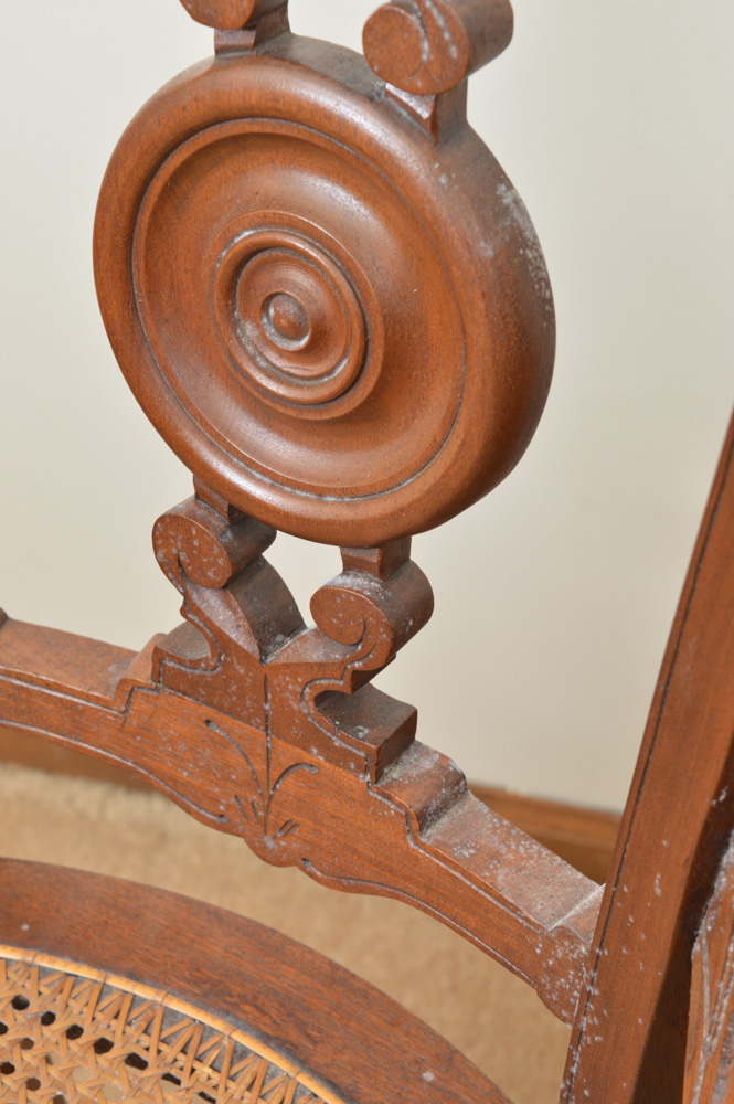 Six Antique Eastlake Walnut and Cane Dining Chairs