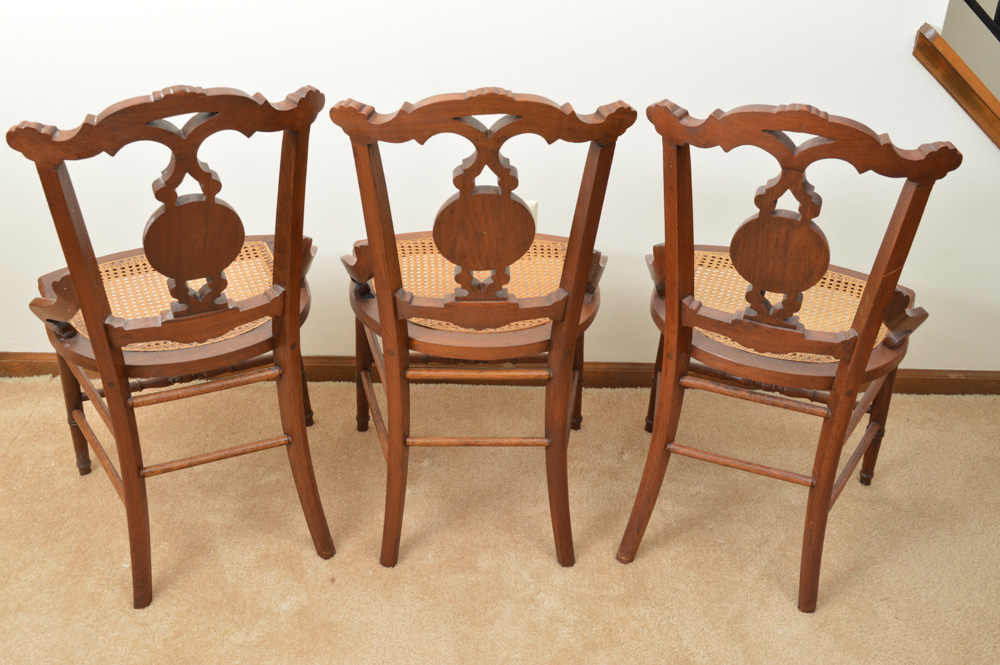 Six Antique Eastlake Walnut and Cane Dining Chairs