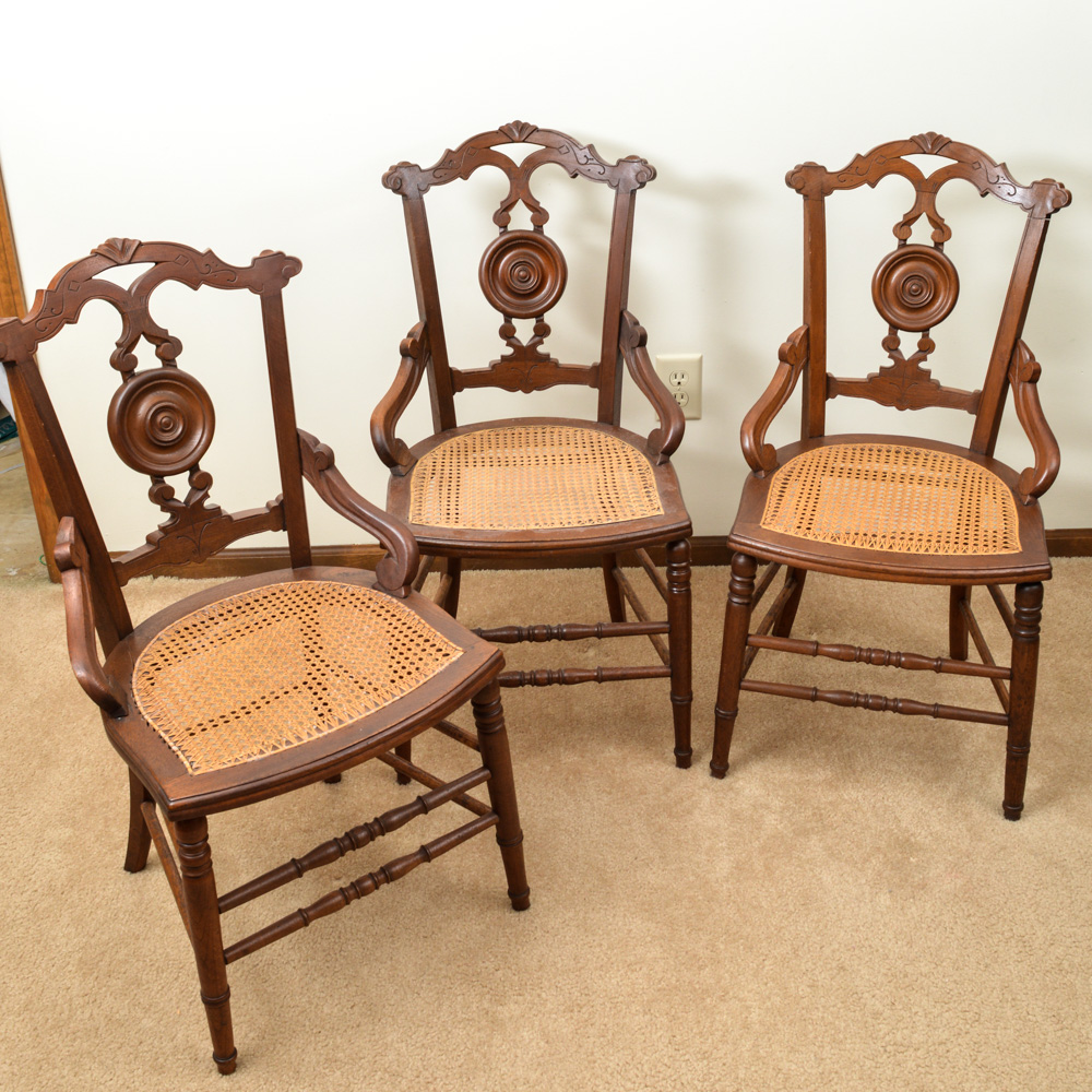 Six Antique Eastlake Walnut and Cane Dining Chairs