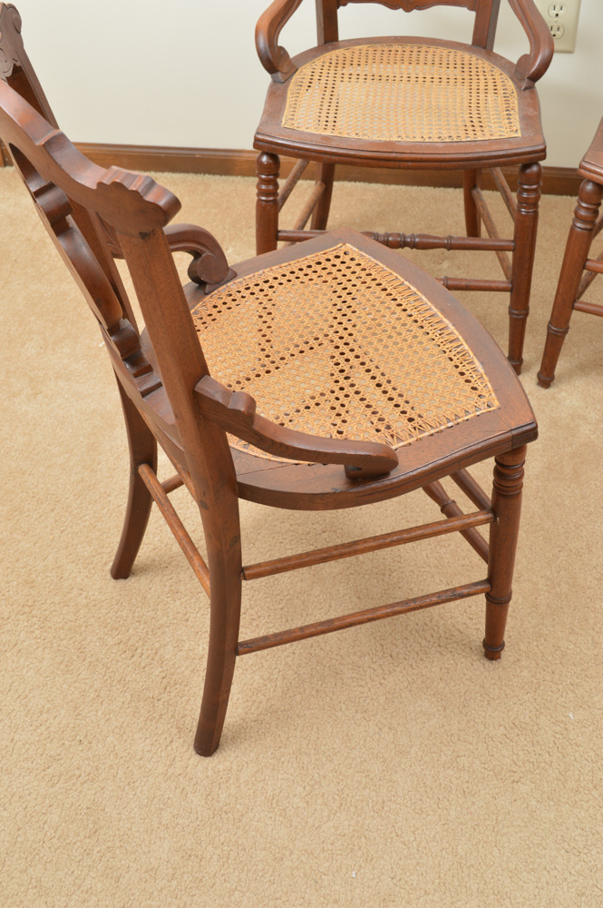 Six Antique Eastlake Walnut and Cane Dining Chairs