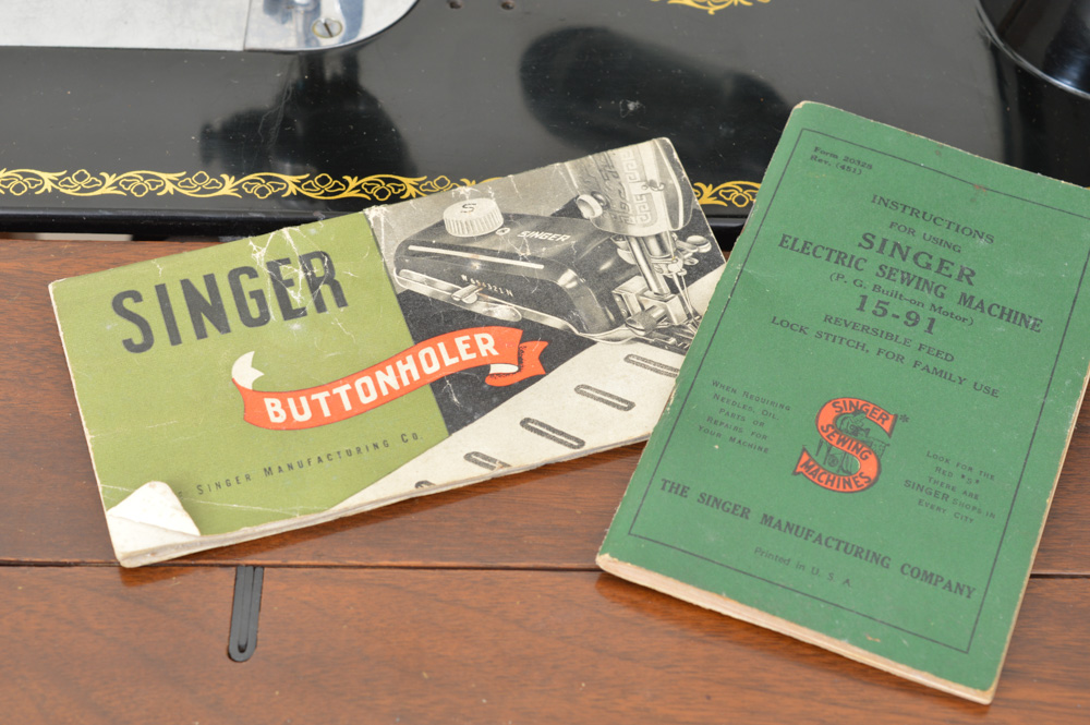 Antique Singer 15-91 Sewing Machine with Mahogany Cabinet and Buttonholer