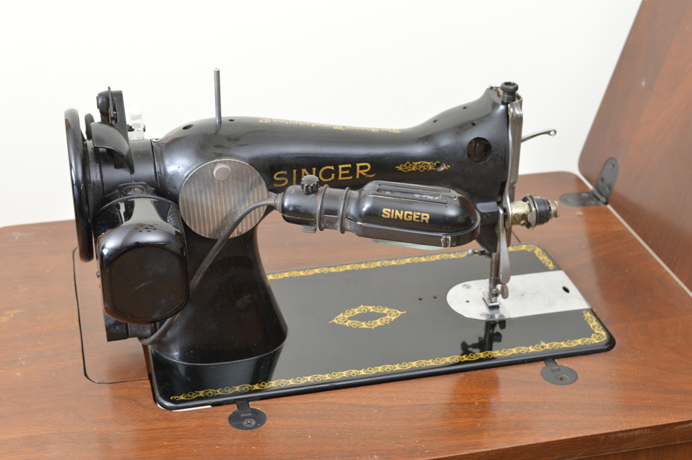 Antique Singer 15-91 Sewing Machine with Mahogany Cabinet and Buttonholer
