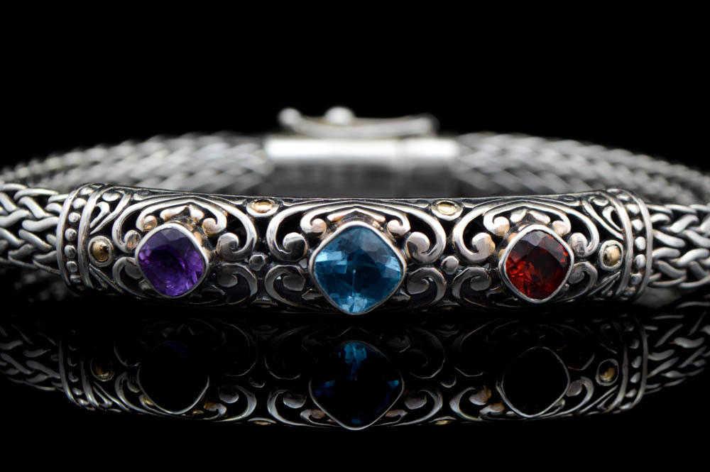 Robert Manse Sterling Silver, Amethyst, Blue Topaz and Garnet Bracelet