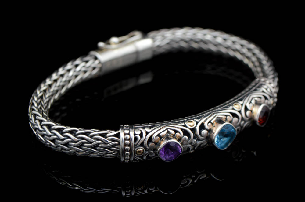 Robert Manse Sterling Silver, Amethyst, Blue Topaz and Garnet Bracelet