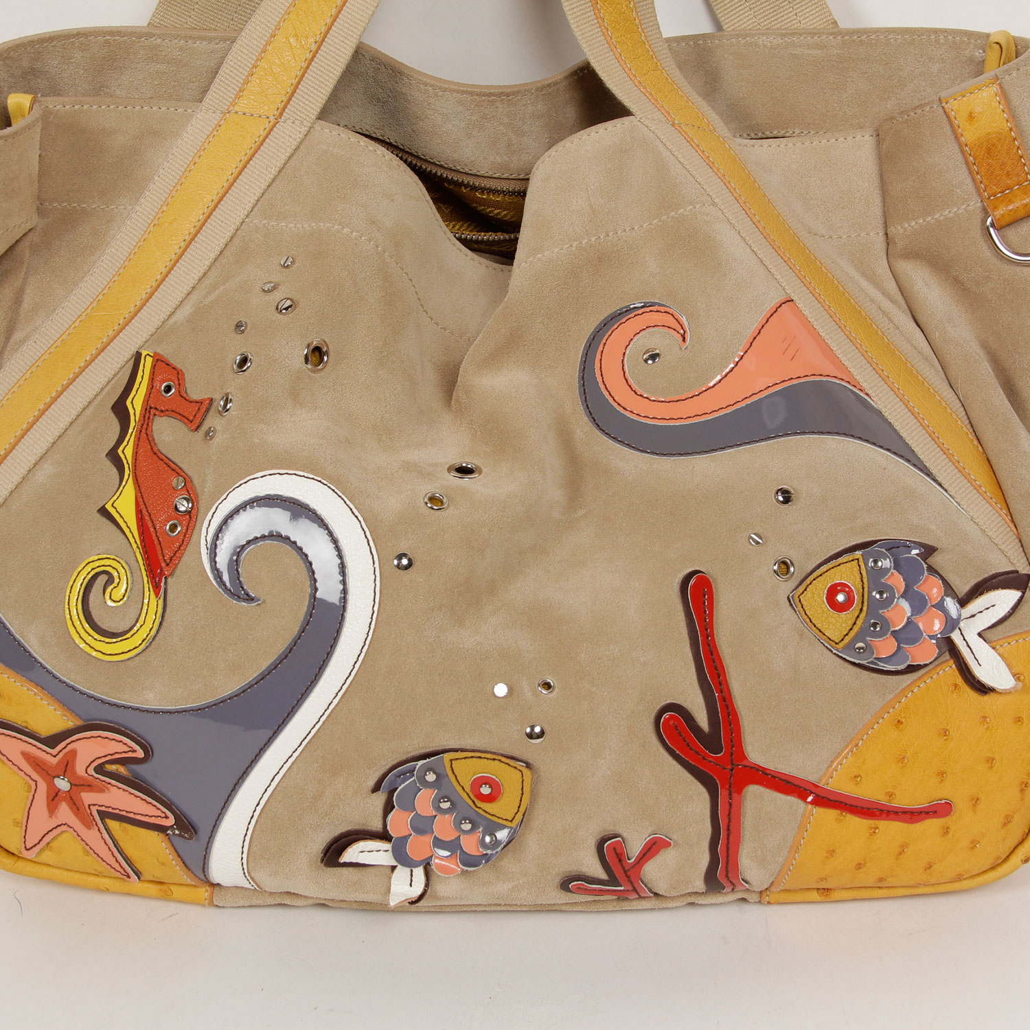 Prada Suede and Ostrich Leather Shopper with a Sea Motif