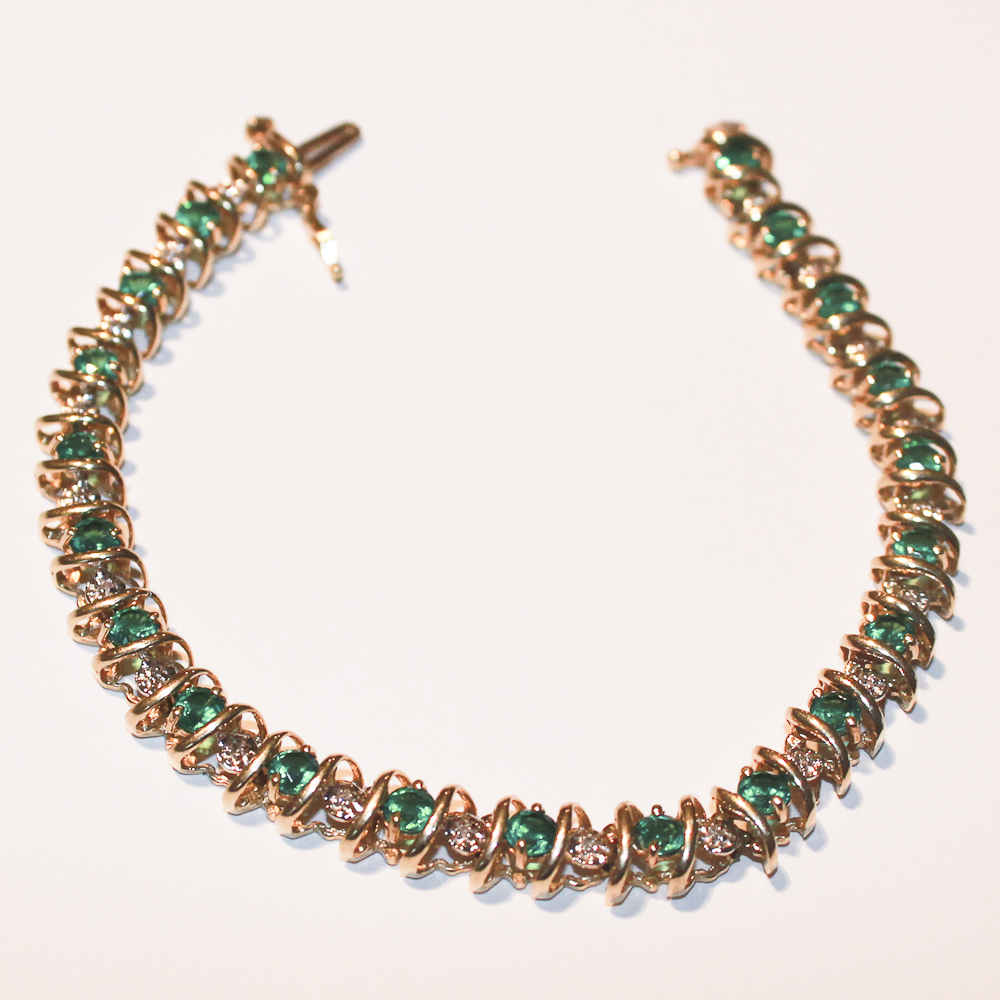 10K Yellow Gold Bracelet With Diamond and Synthetic Emerald Accents