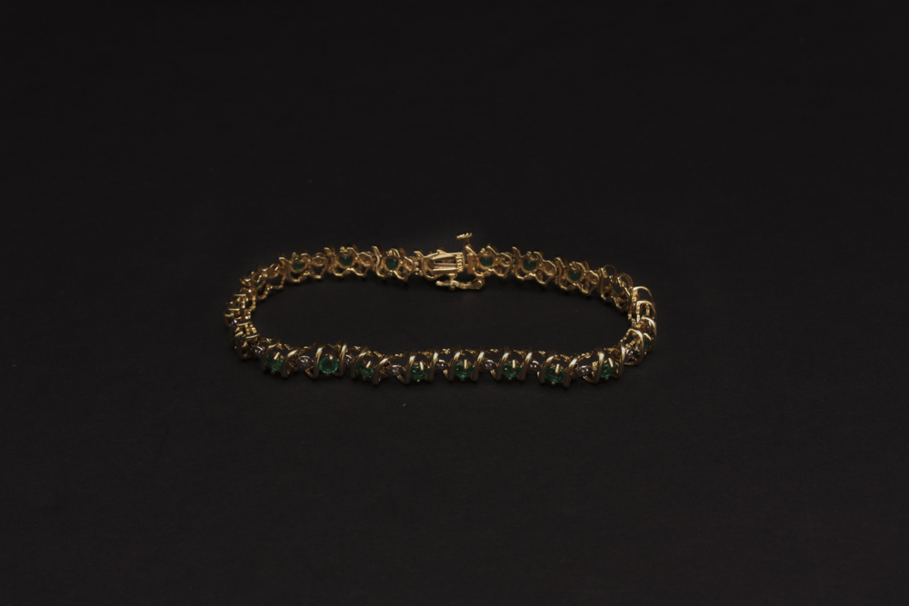 10K Yellow Gold Bracelet With Diamond and Synthetic Emerald Accents