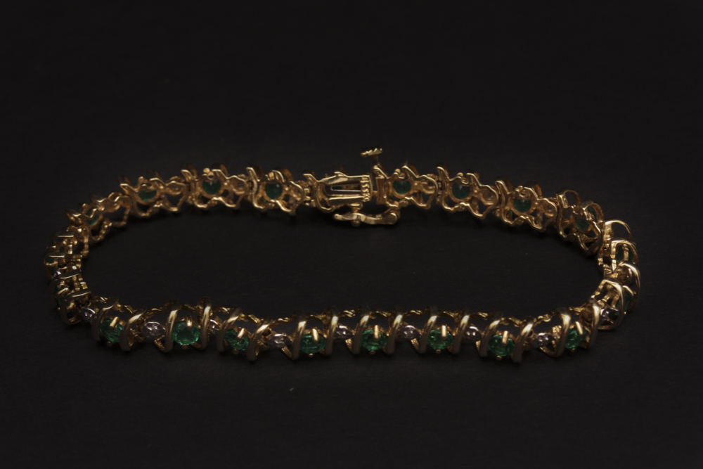 10K Yellow Gold Bracelet With Diamond and Synthetic Emerald Accents