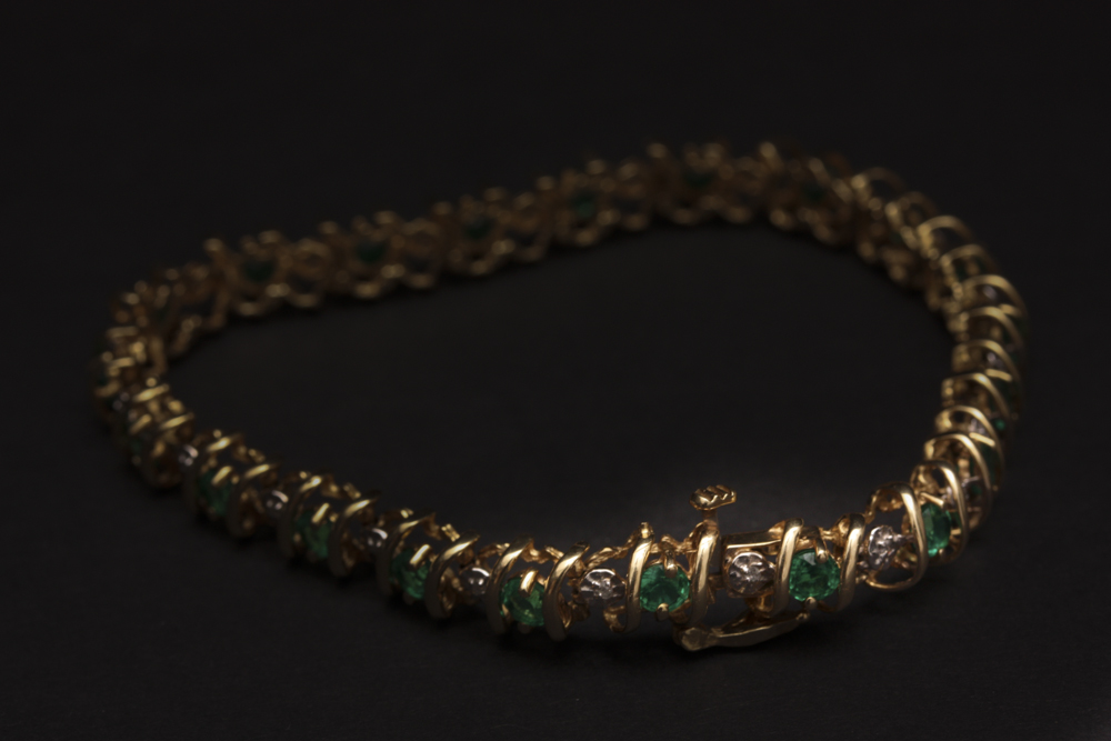 10K Yellow Gold Bracelet With Diamond and Synthetic Emerald Accents