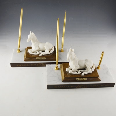 Pair of A. Belcaro Horse Statue Marble Pen Holders