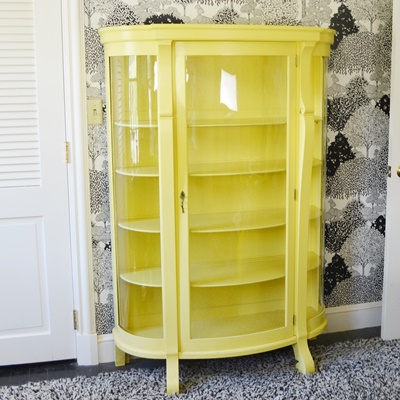 Vintage Yellow Painted Curio Cabinet