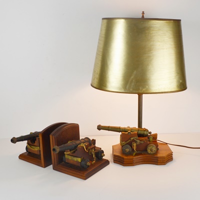 Pair of Canon Bookends and Matching Table Lamp
