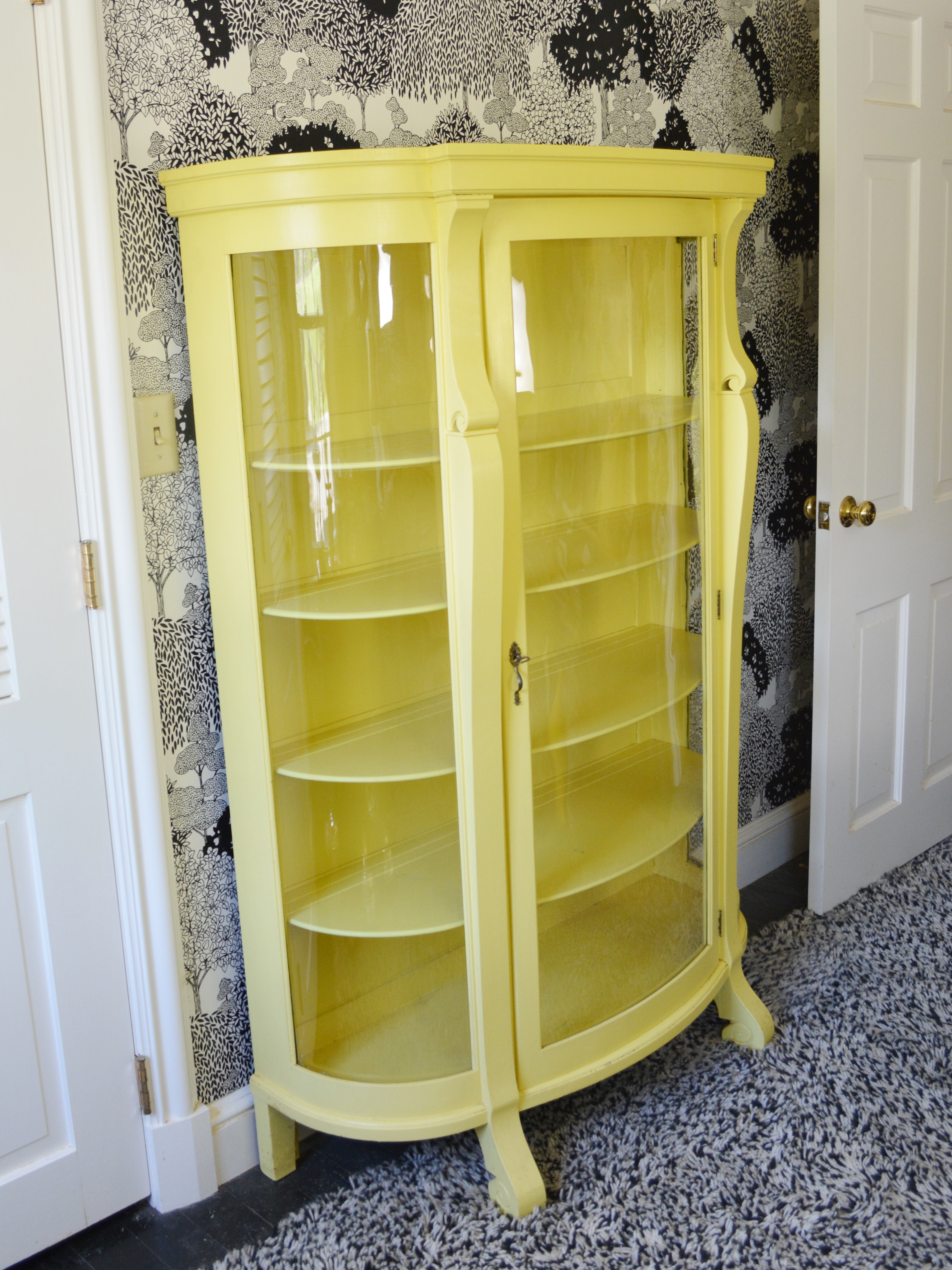 Vintage Yellow Painted Curio Cabinet