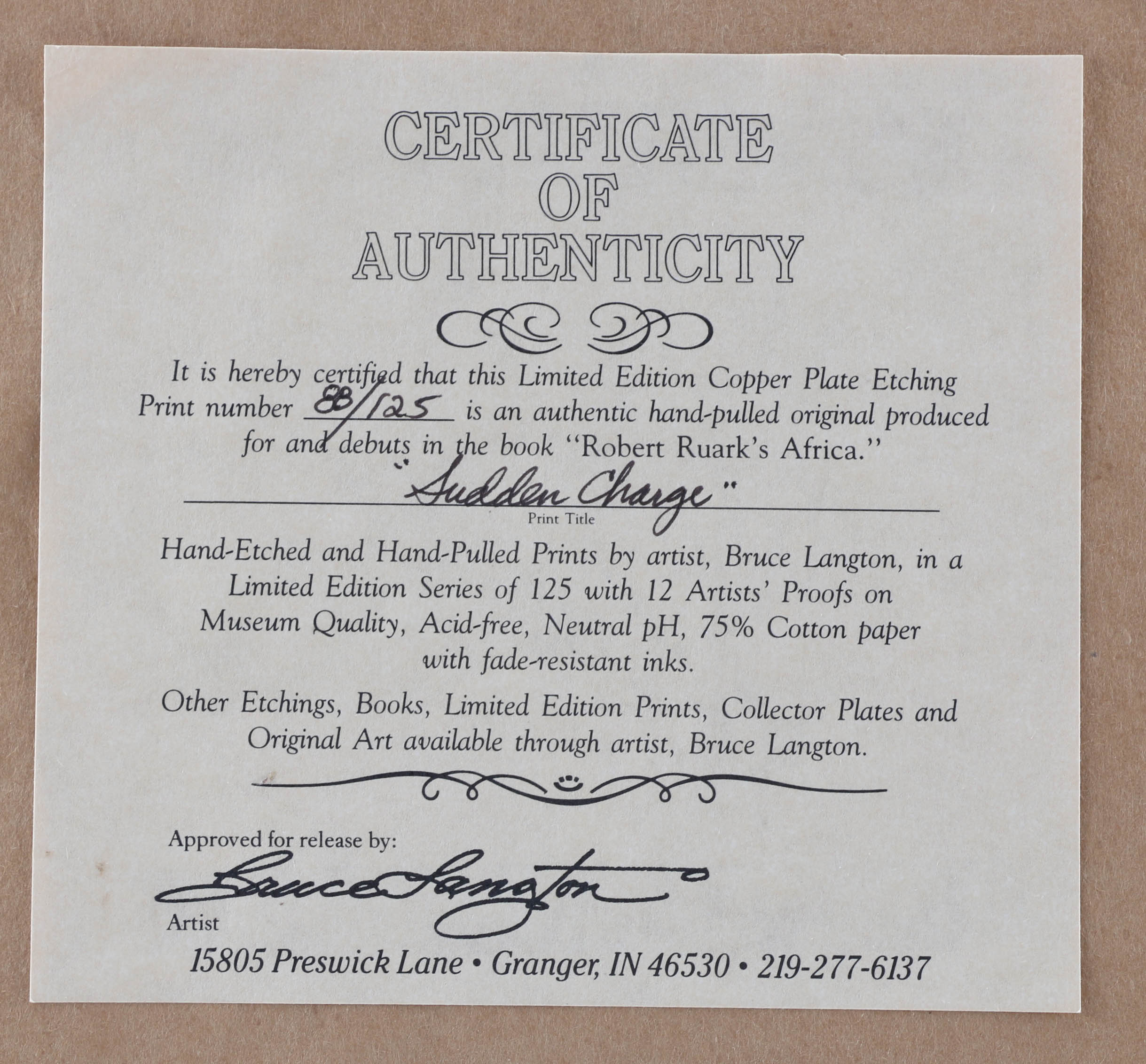 1993 Bruce Langton Signed Limited Edition Etching "Sudden Charge"