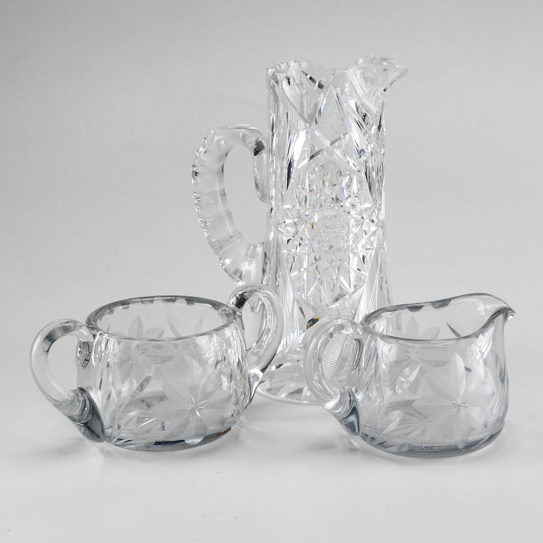 Clear Cut Glass Pitcher with Cream and Sugar Set