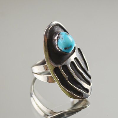 Turquoise and Coin Silver Bear Paw Men's Ring
