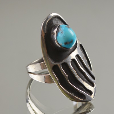 Turquoise and Coin Silver Bear Paw Men's Ring