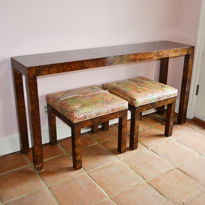 Wellington Hall Veneer Entry Table and Two  Benches