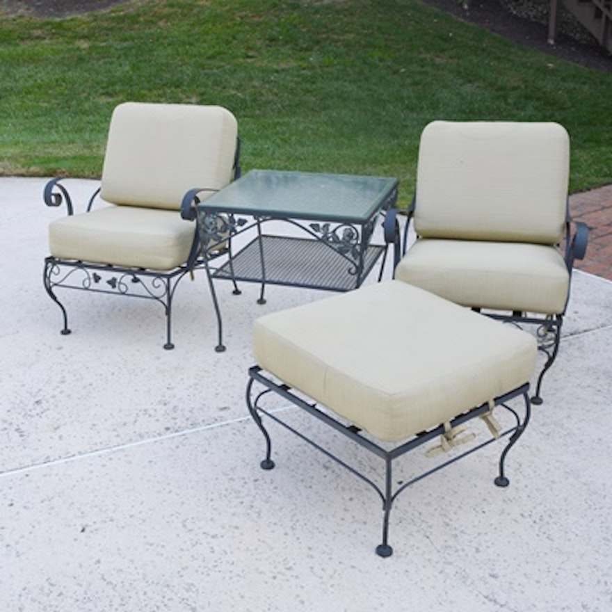 Two Metal Patio Chairs, Ottoman and Side Table