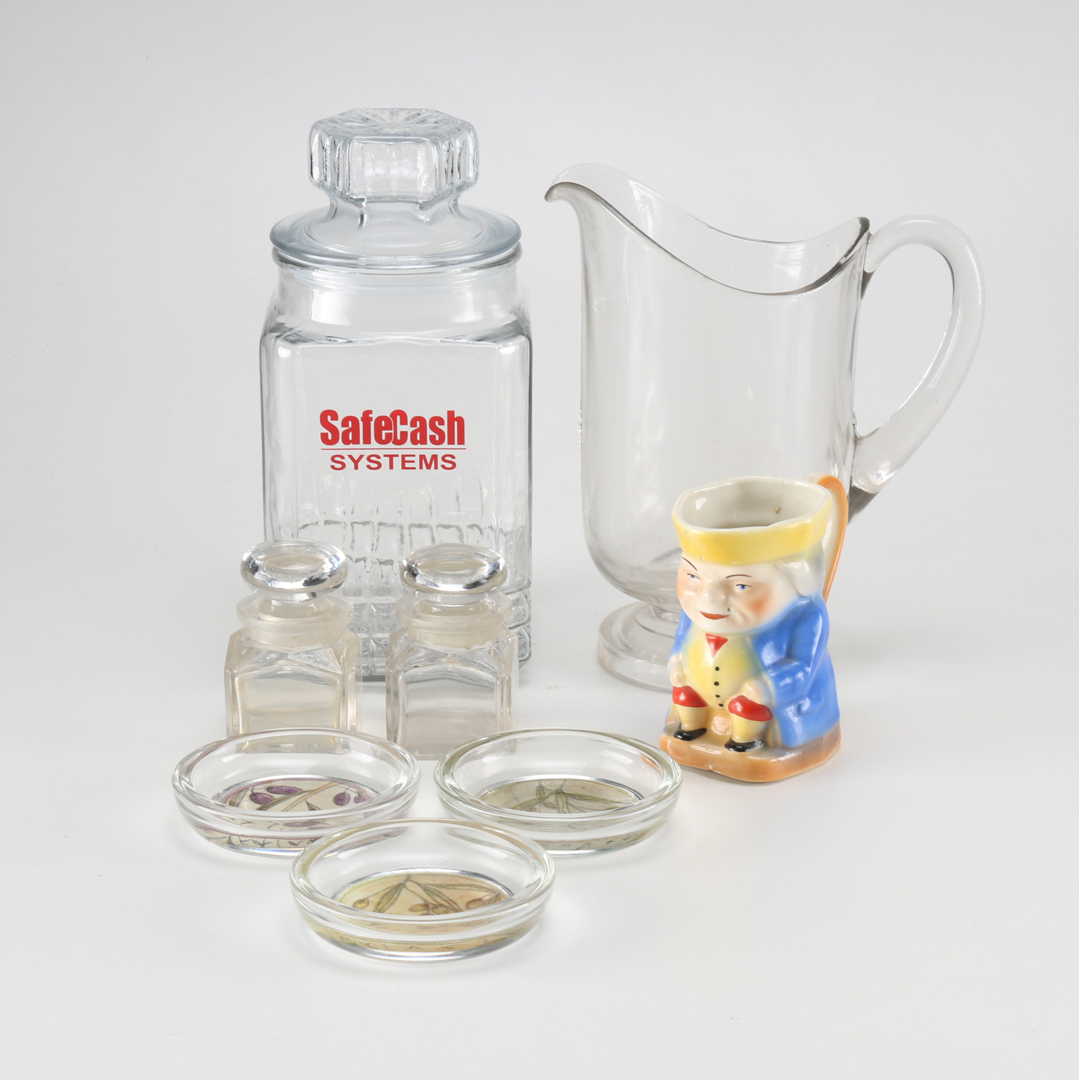 Assortment of Glass Items and Ceramic Pitcher