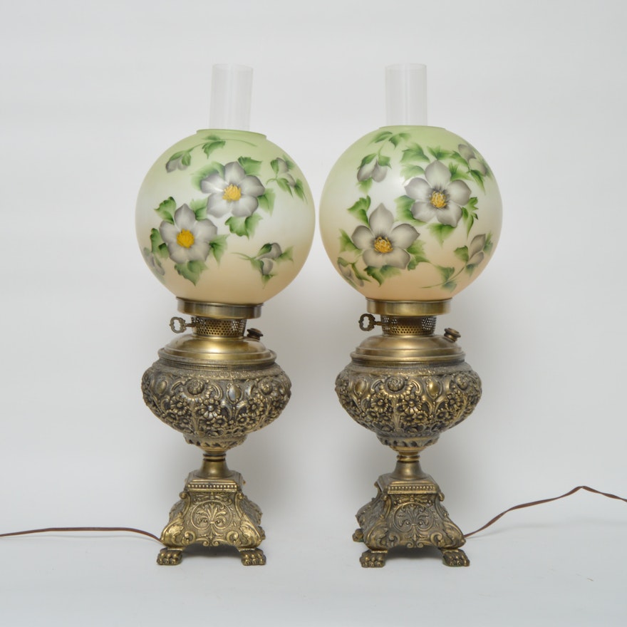 Vintage Parlor Brass Lamps with Hand Painted Globes