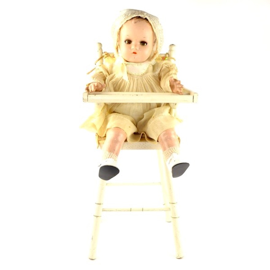 Vintage Madame Alexander "Little Genius" Dionne Quintuplet Composition Doll in High Chair