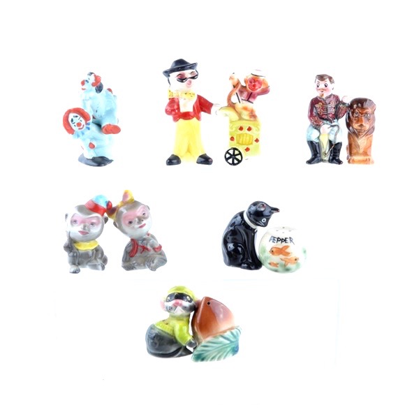 Six Animal and Circus Theme Vintage Salt and Pepper Shakers