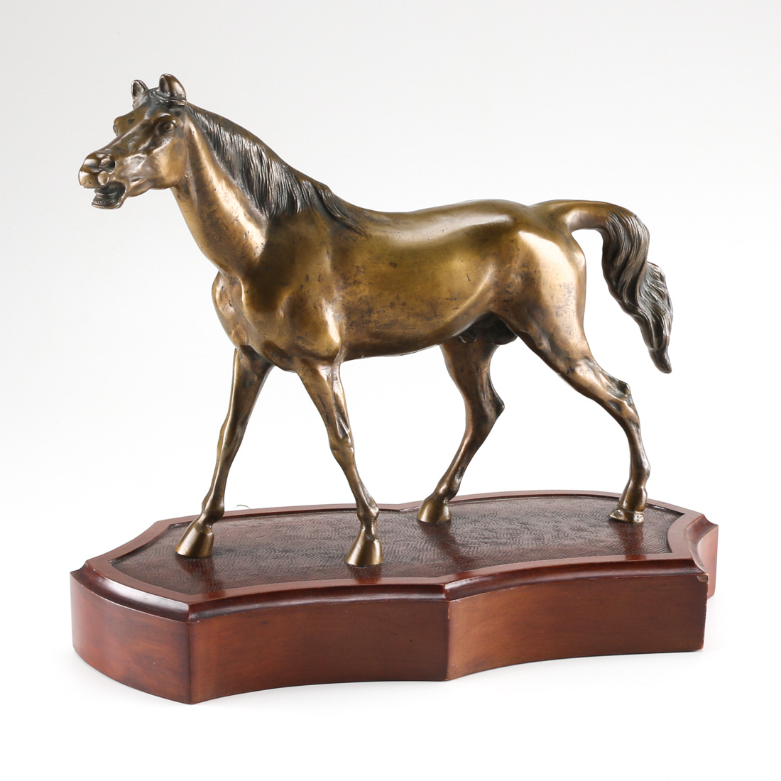Bronze Horse Statue on Wooden Base
