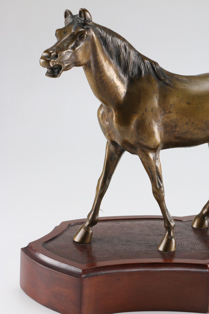 Bronze Horse Statue on Wooden Base