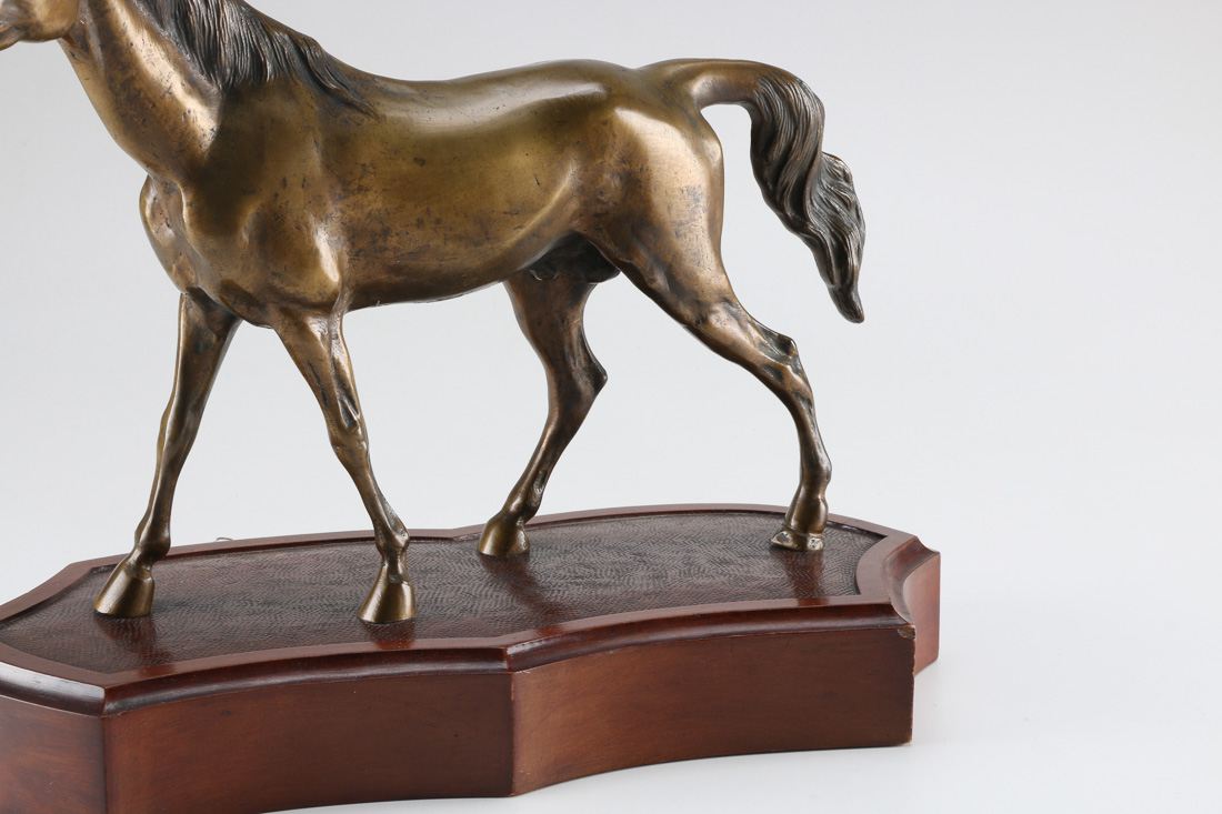 Bronze Horse Statue on Wooden Base