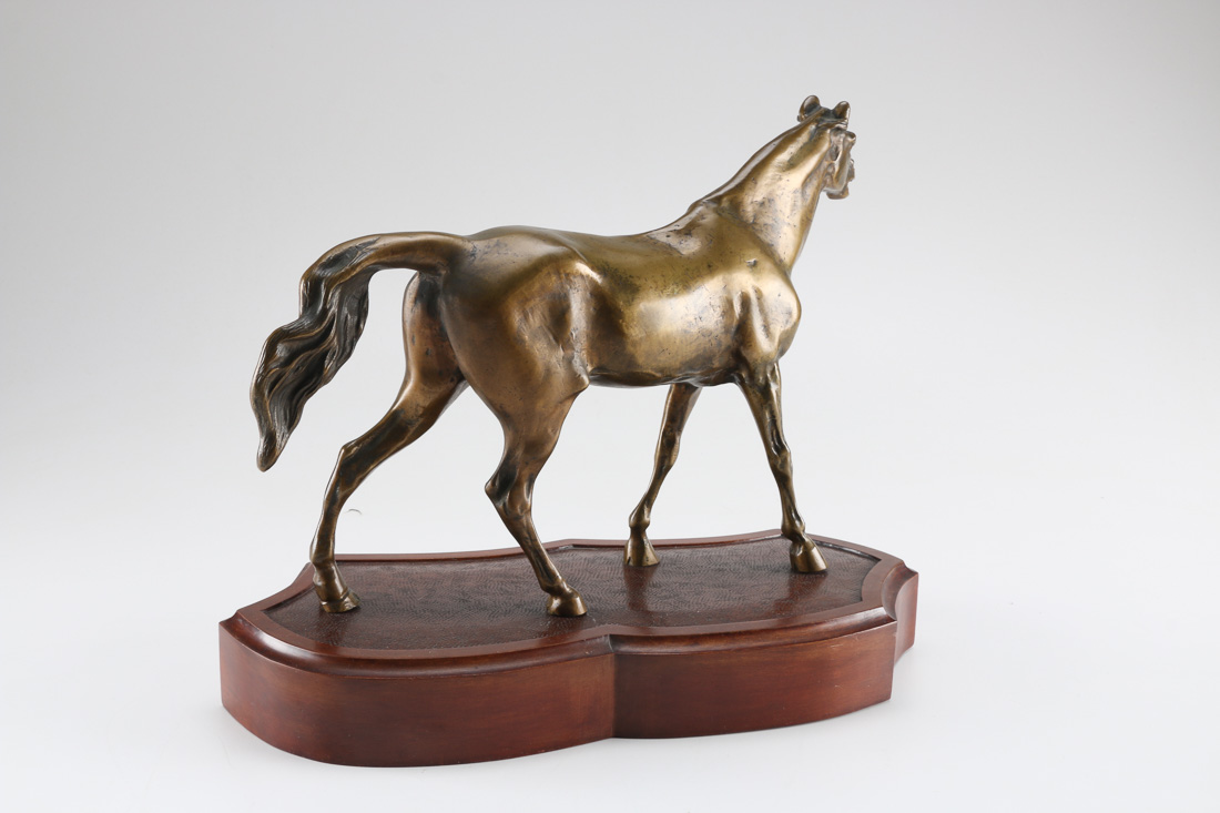 Bronze Horse Statue on Wooden Base