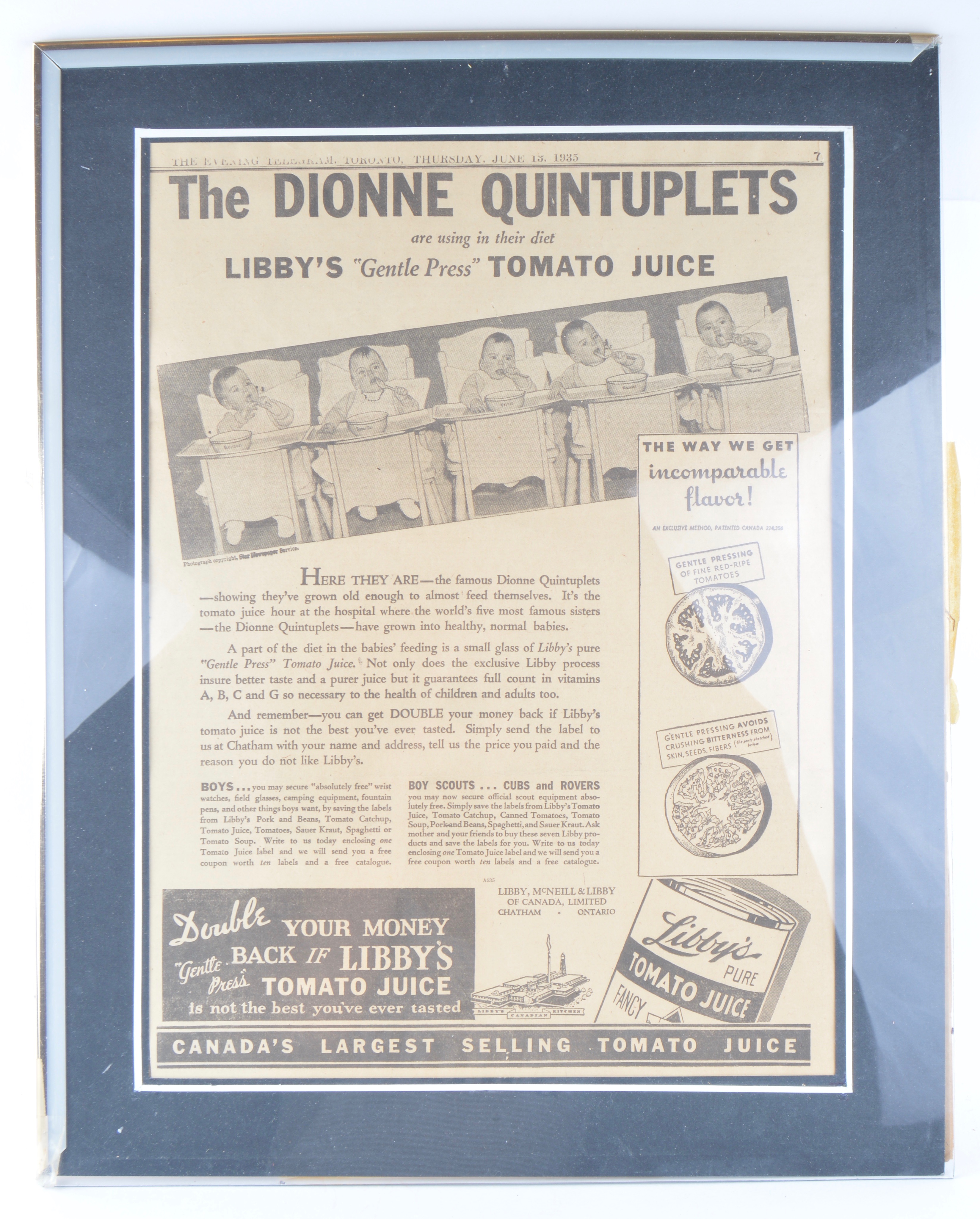 Framed Dionne Quintuplets Advertisments