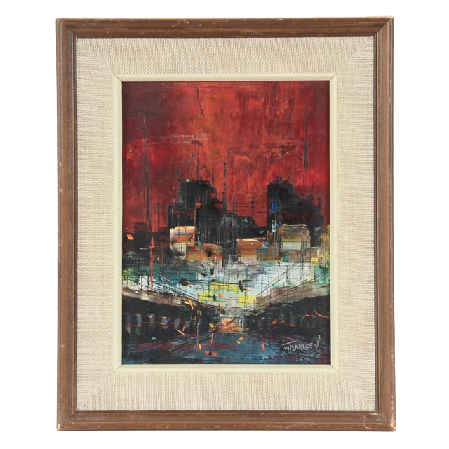 W.T. Carlsen Original Oil on Board Modernist Cityscape