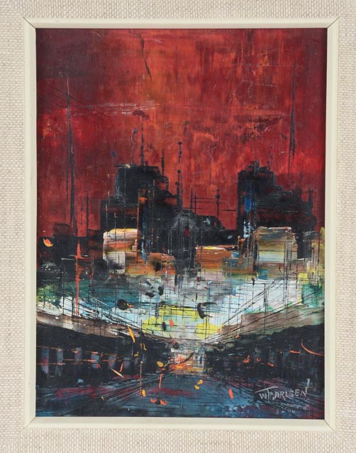 W.T. Carlsen Original Oil on Board Modernist Cityscape