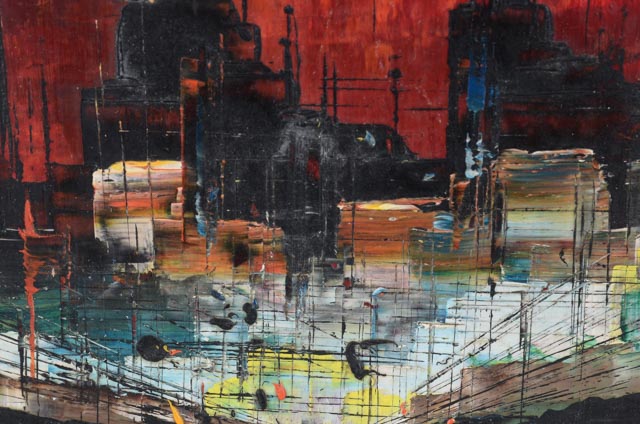 W.T. Carlsen Original Oil on Board Modernist Cityscape