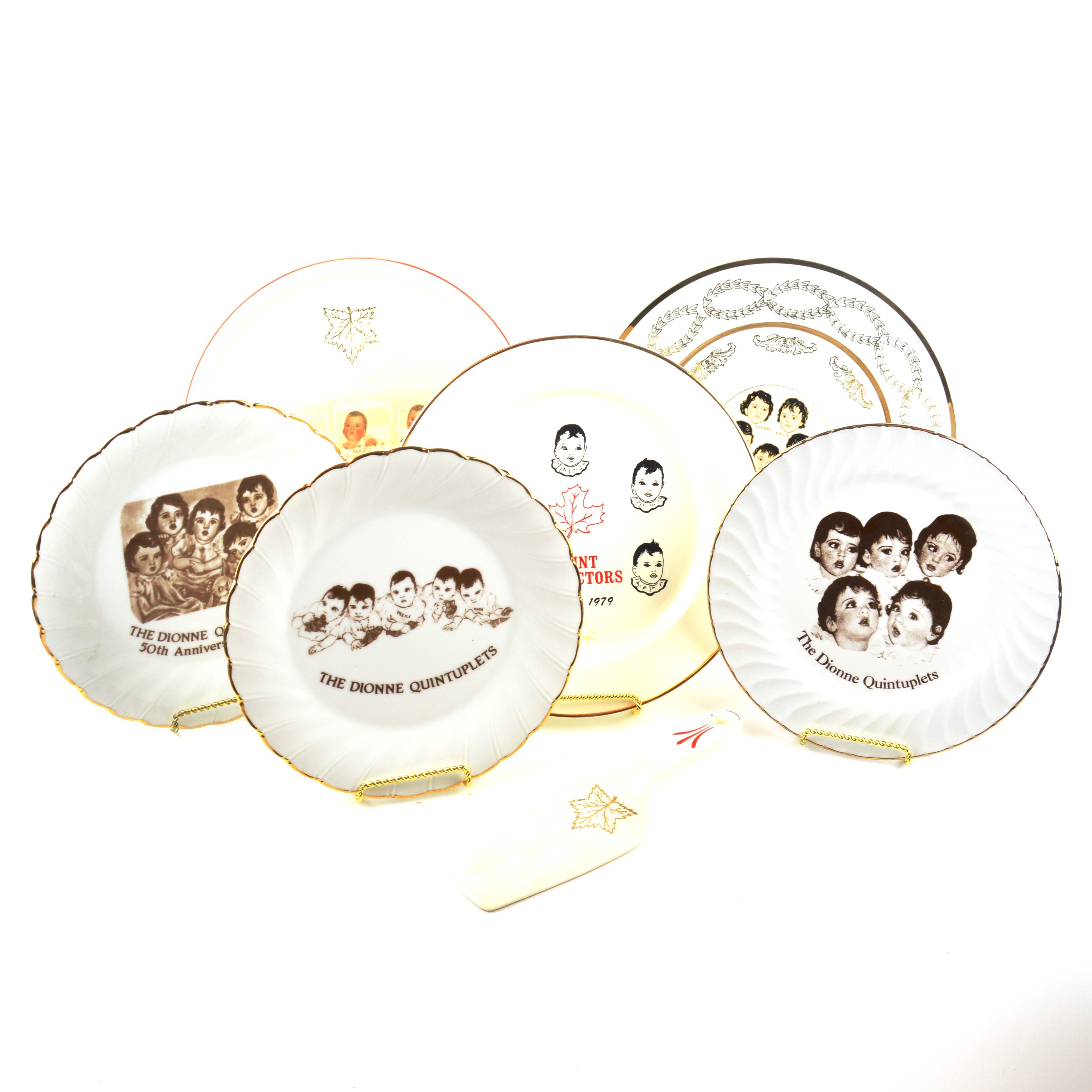 Six Vintage Dionne Quintuplet Collectible Plates and Cake Server