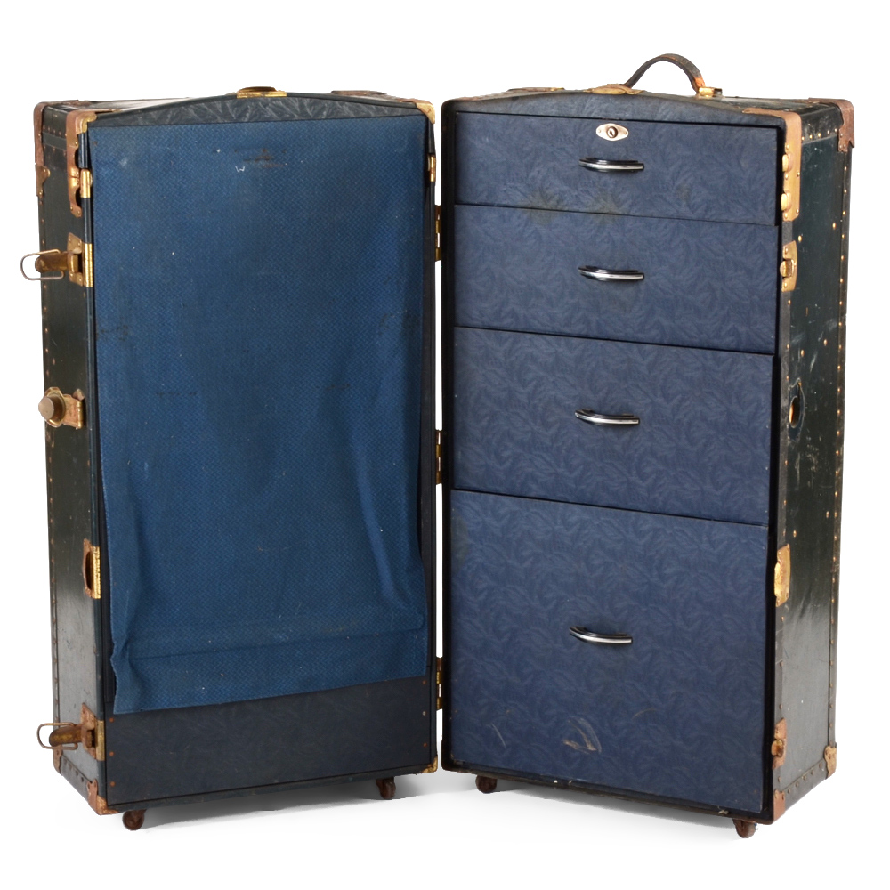 Black Steamer Trunk with Hangers and Four Drawers