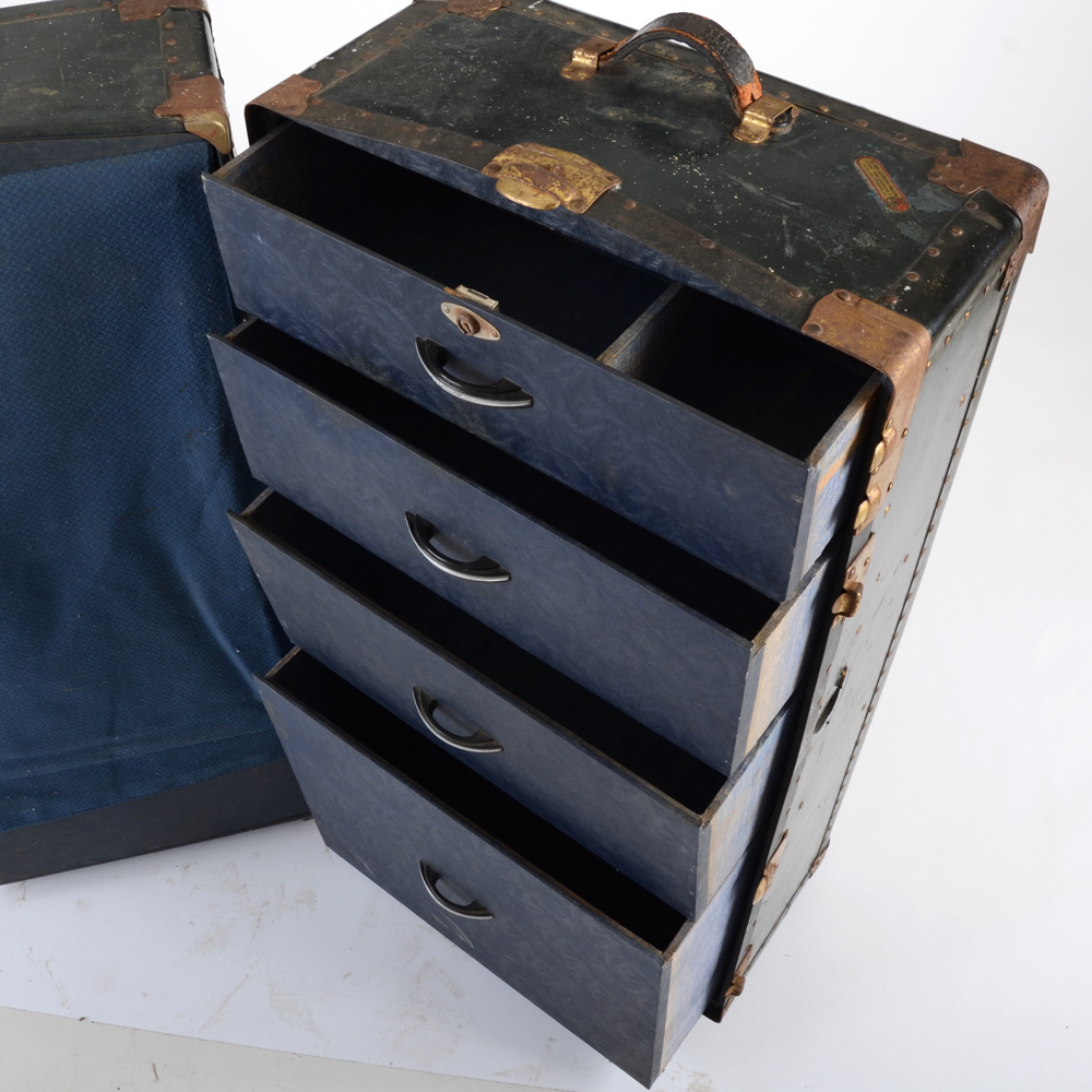 Black Steamer Trunk with Hangers and Four Drawers